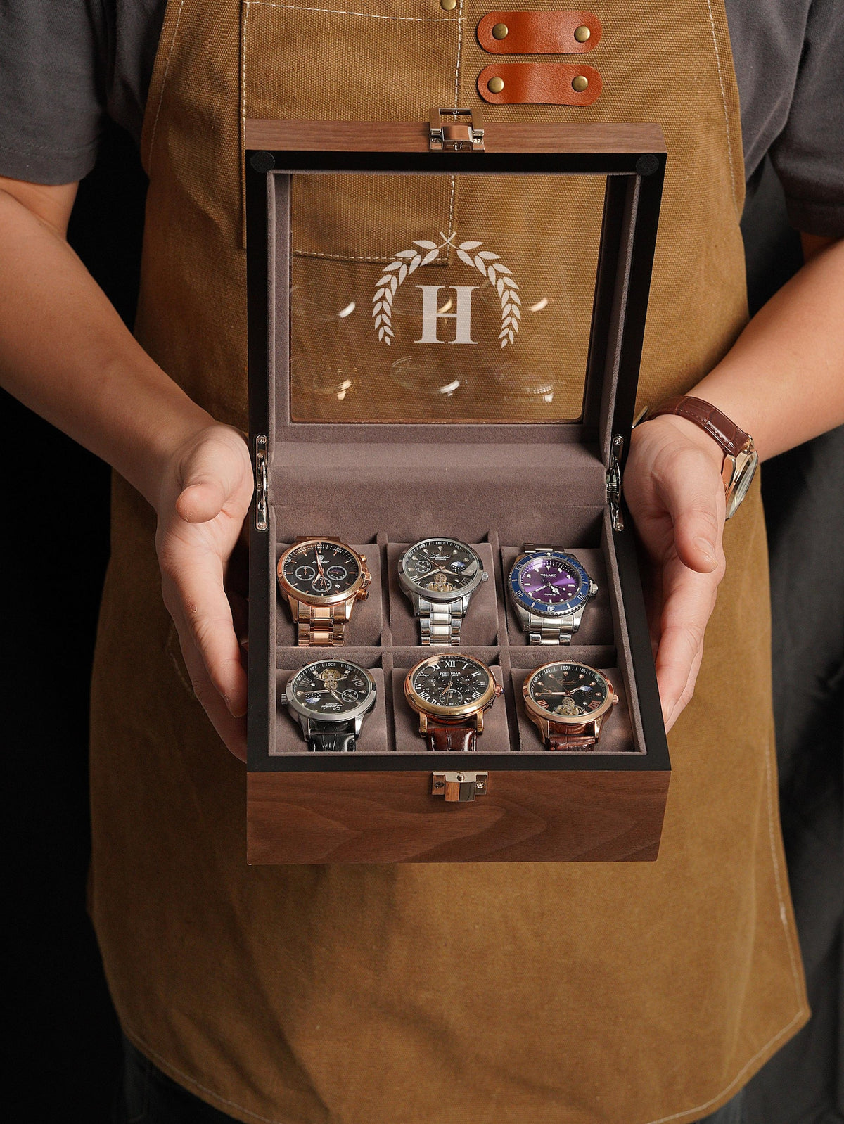Personalized Walnut Watch Box for Men, 3 or 6 Slot Wooden Watch Organizer with Glass Top, Engraved Gift for Husband Dad