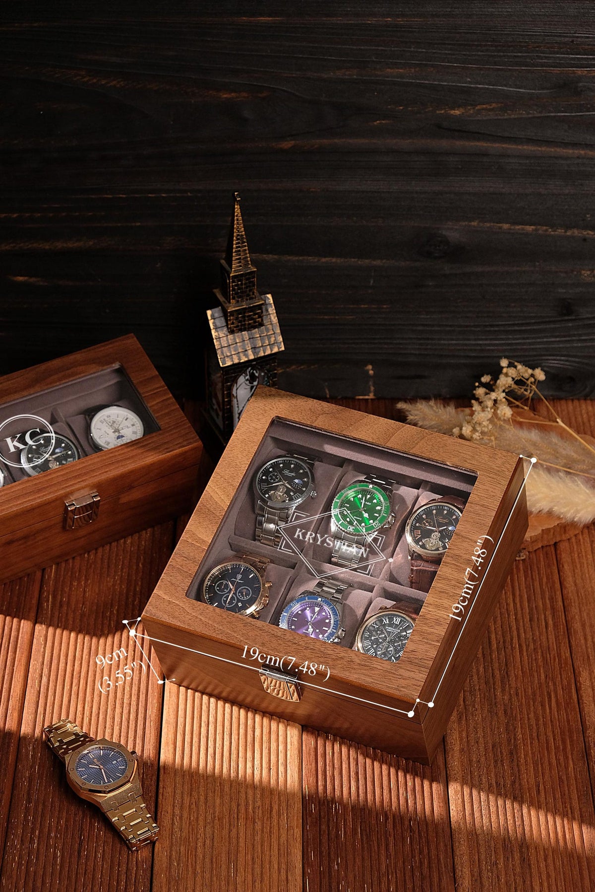 walnut watch box, mens watch organizer,3 slot, 6 slot, wooden watch case, glass top box, wood gift, watch display,gift for him, luxury gift