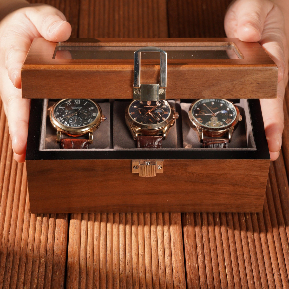 Personalized Walnut Watch Box for Men, 3 or 6 Slot Wooden Watch Organizer with Glass Top, Engraved Gift for Husband Dad