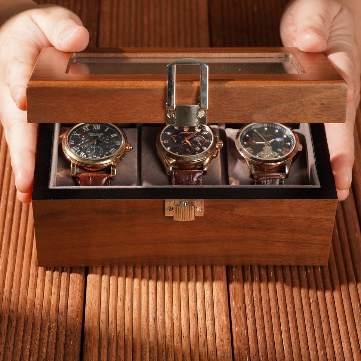 Walnut Watch Box for Men, Mens Watch Organizer,3 slot, 6 slot, Wooden Watch Case, Glass Top Box, Gift for Him,Valentine's Day Gifts