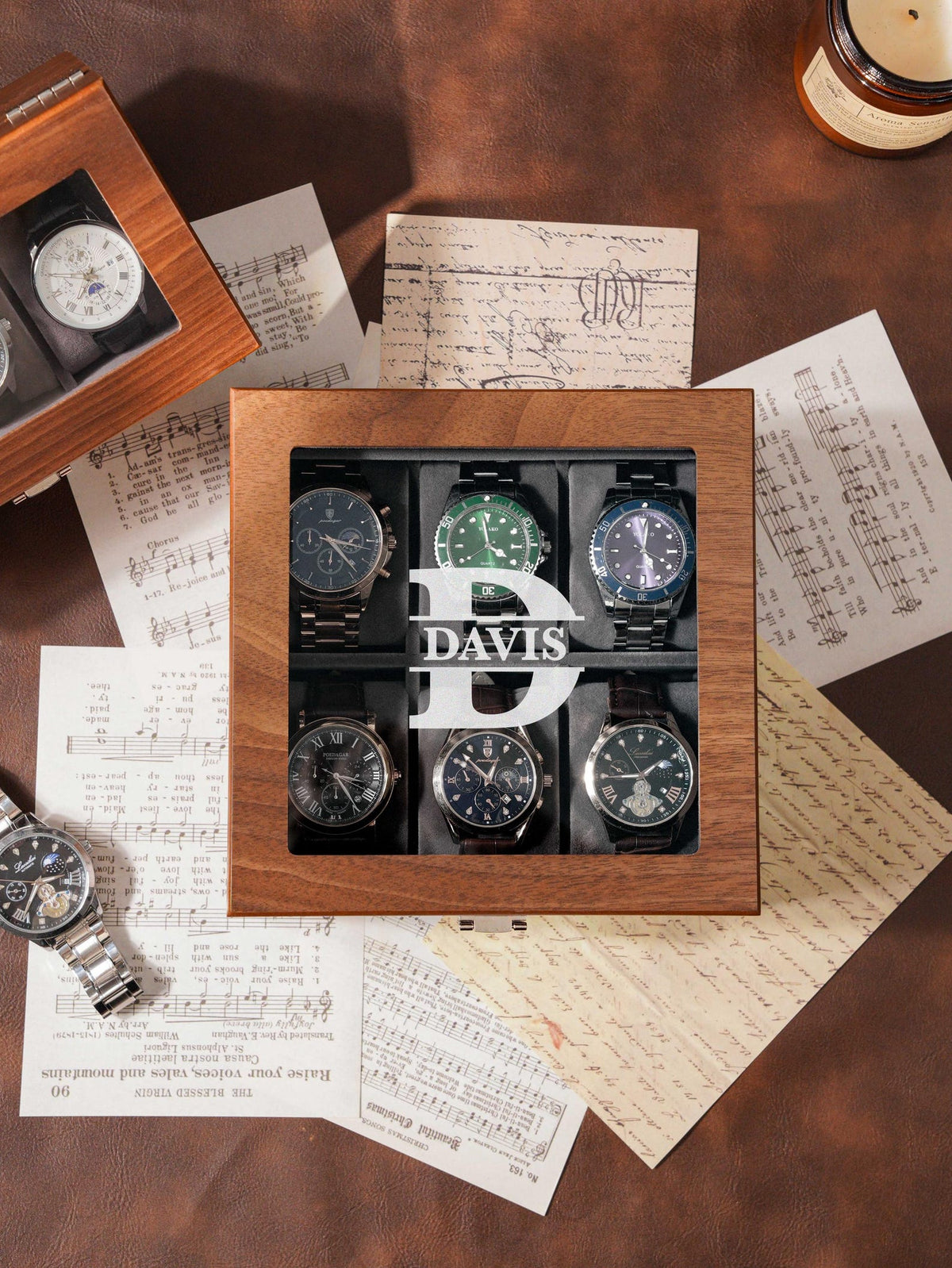 Personalized Engraved Watch Box, Customized Watch Storage Case, Birthday Gift for Men, Walnut Watch Box for 6 slot Watches, Anniversary Gift