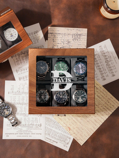 Personalized Engraved Watch Box, Customized Watch Storage Case, Birthday Gift for Men, Walnut Watch Box for 6 slot Watches, Anniversary Gift