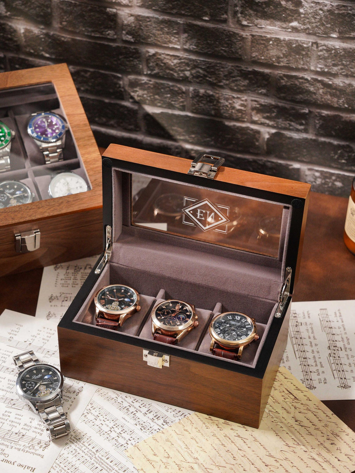 Personalized Engraved Watch Box, Customized Watch Storage Case, Birthday Gift for Men, Walnut Watch Box for 6 slot Watches, Anniversary Gift