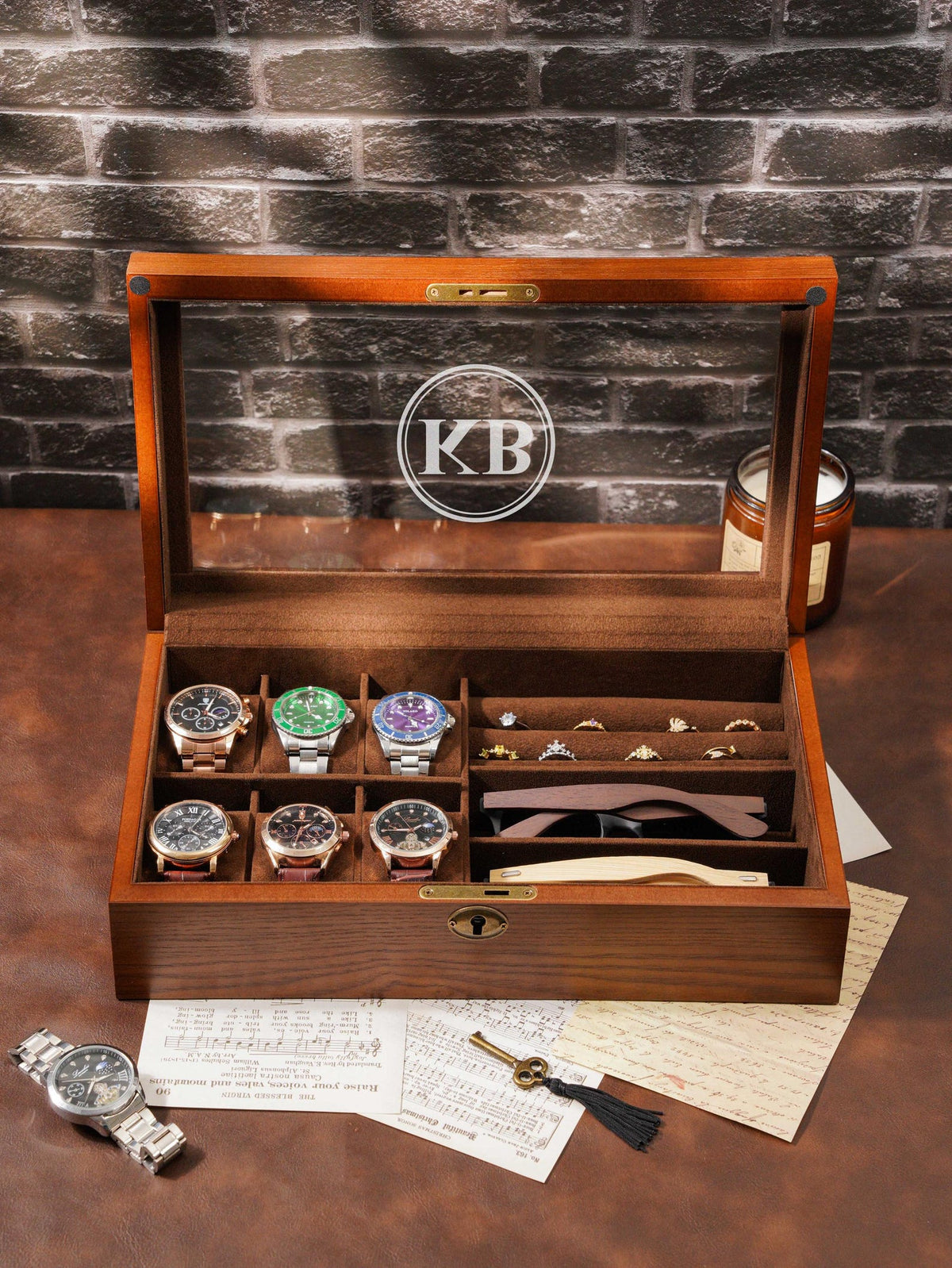 Personalized Wooden Watch Organizer with Lock, Customized Watch Display Case for 6 Watches, Engraved Wooden Watch Case, Watch Box for Men