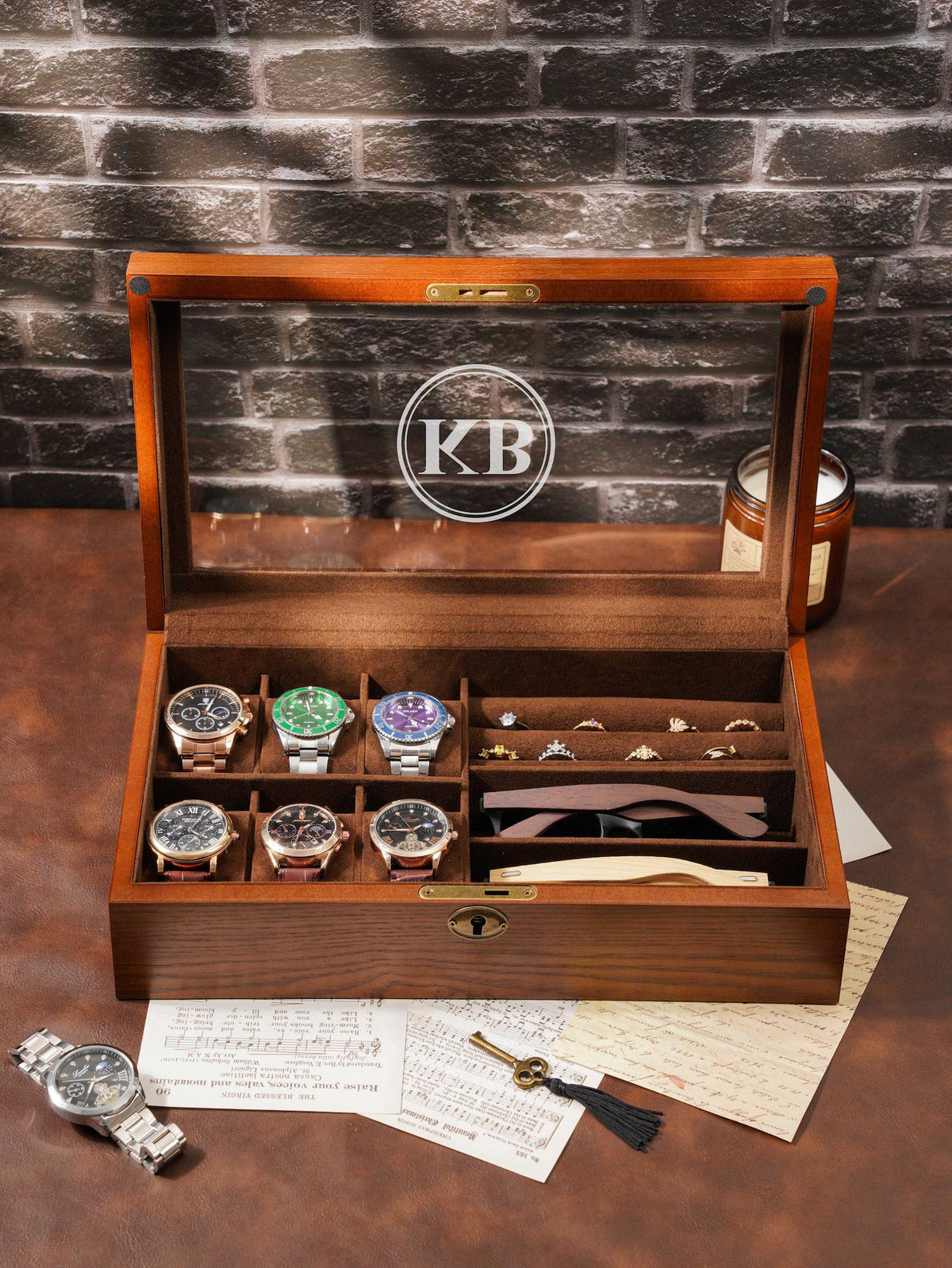 Personalized Sunglasses Watch Box, Customized Watch Storage Box, Large Jewelry Box with Lock, Birthday Gift for Him, Groomsman Gift