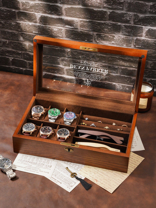Personalized Wooden Watch Organizer with Lock, Customized Watch Display Case for 6 Watches, Engraved Wooden Watch Case, Watch Box for Men