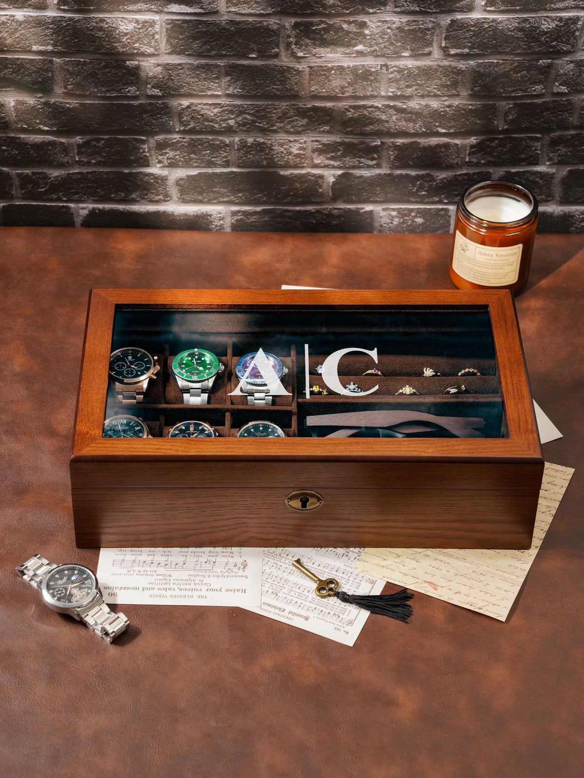Personalized Sunglasses Watch Box, Customized Watch Storage Box, Large Jewelry Box with Lock, Birthday Gift for Him, Groomsman Gift