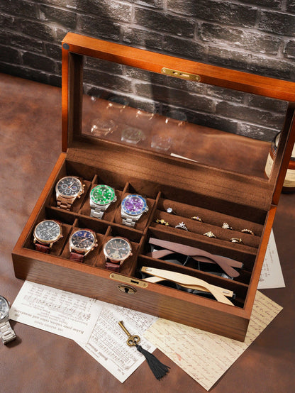 Personalized Wooden Watch Organizer with Lock, Customized Watch Display Case for 6 Watches, Engraved Wooden Watch Case, Watch Box for Men