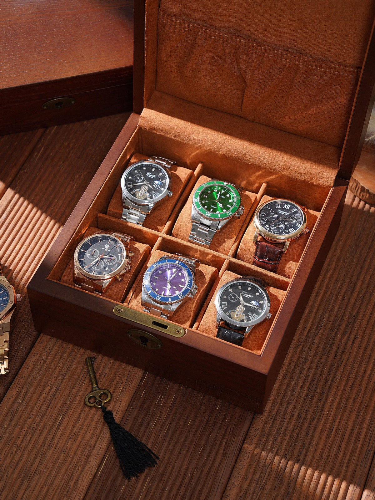 Personalized 6-Slot Wooden Watch Box with Lock & Key, Laser Engraved Watch Case, Rectangle or Square Organizer for Men