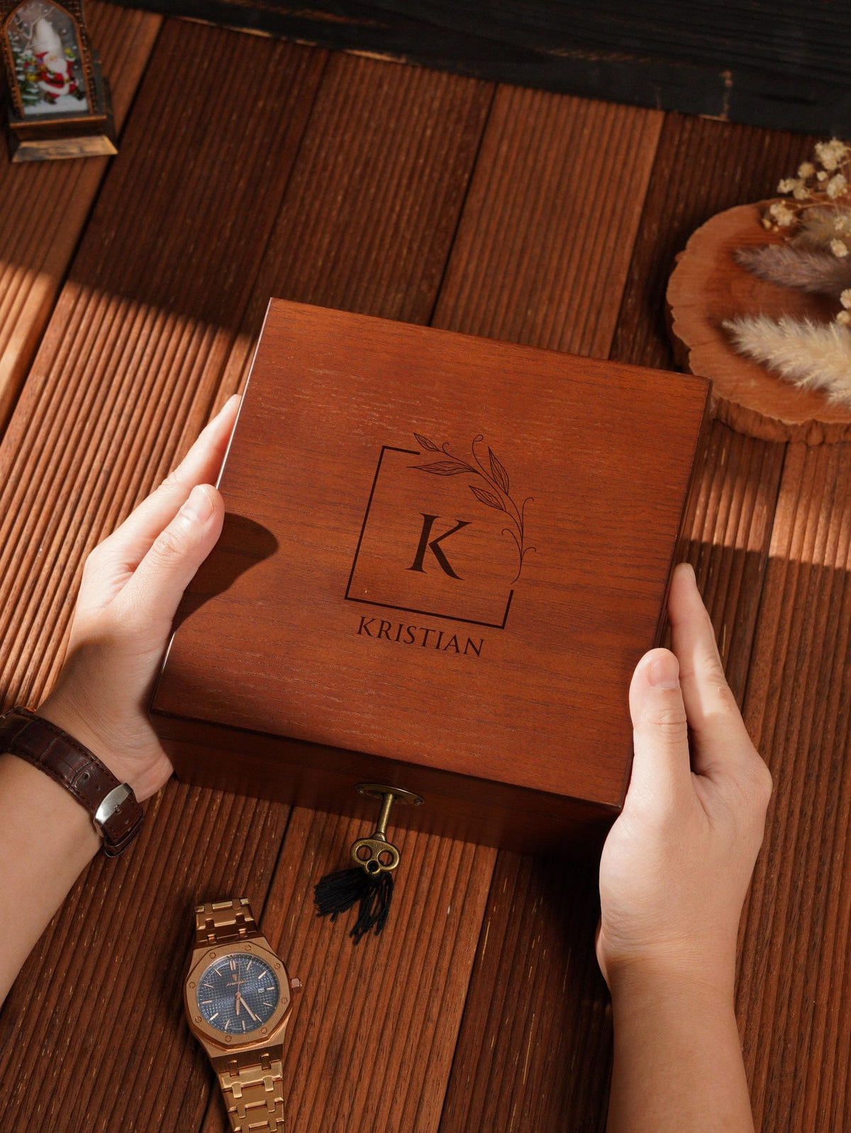 Personalized 6-Slot Wooden Watch Box with Lock & Key, Laser Engraved Watch Case, Rectangle or Square Organizer for Men