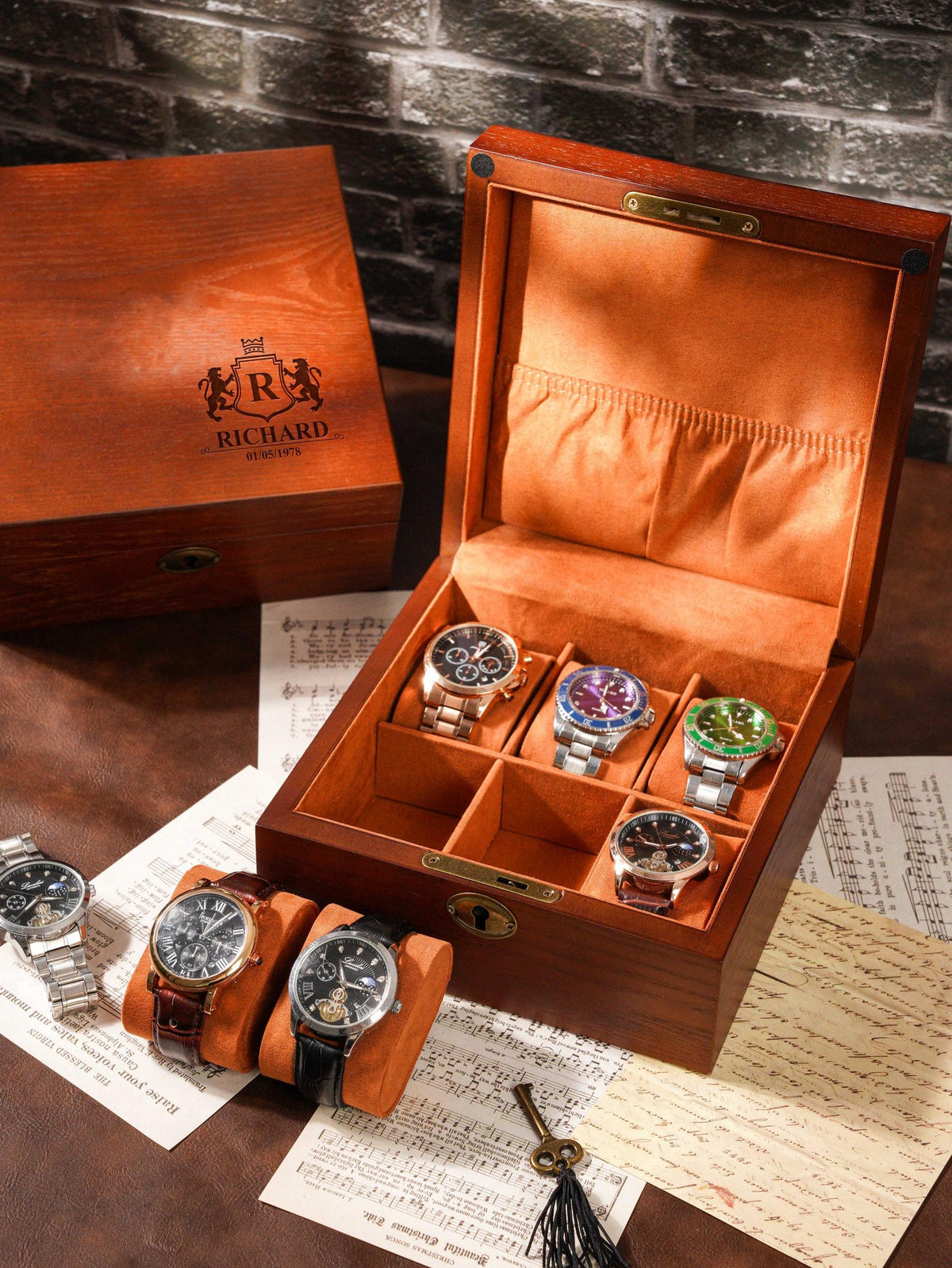 Engraved Wooden Wood Men's Watch Box with Lock & Key: Christmas Gift for him