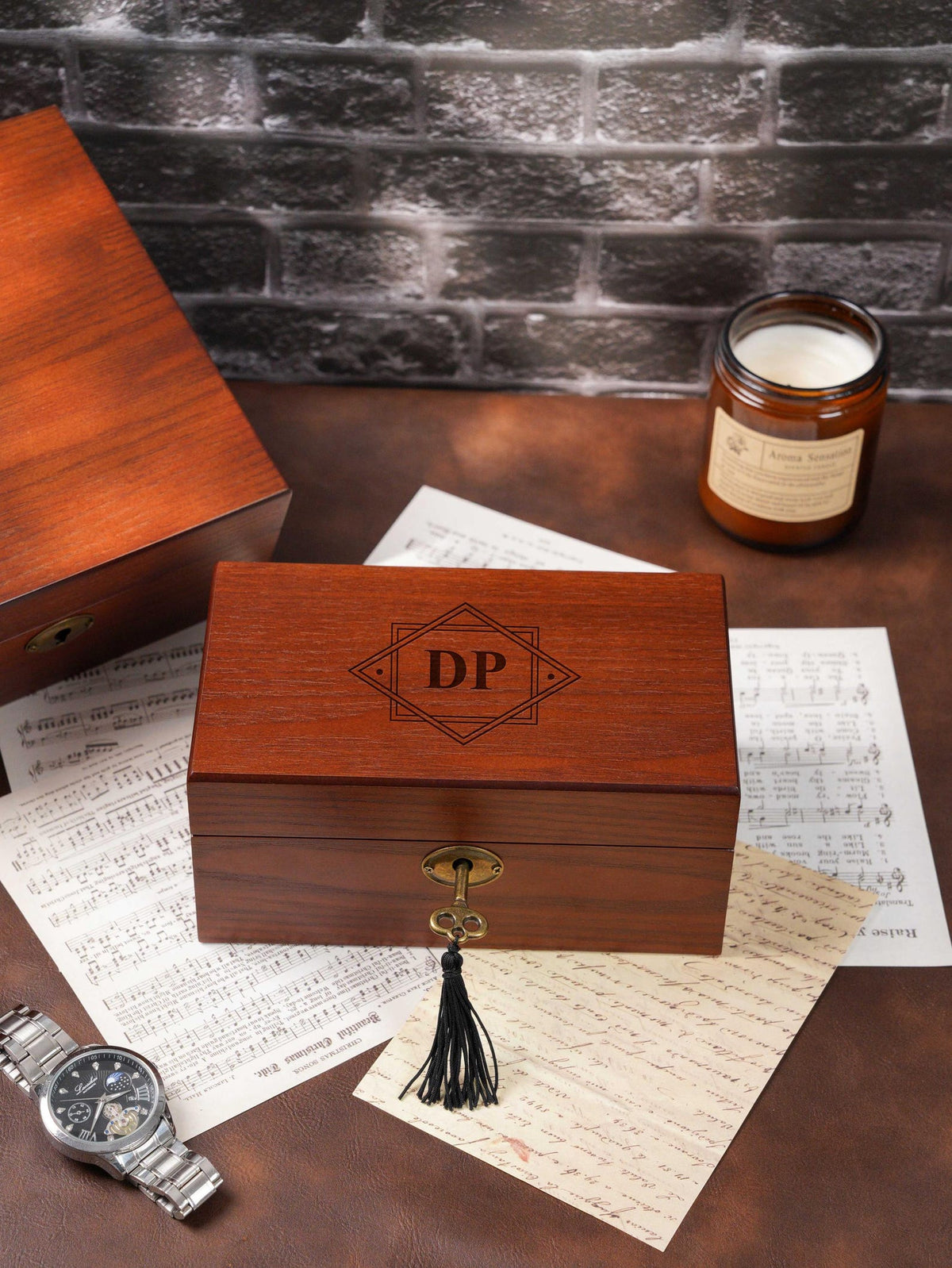 Engraved Wooden Wood Men's Watch Box with Lock & Key: Christmas Gift for him