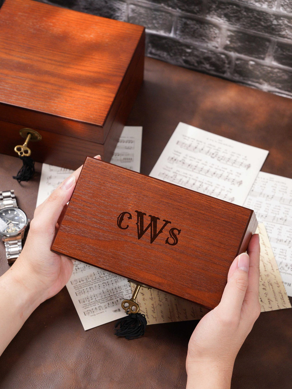 Engraved Wooden Wood Men's Watch Box with Lock & Key: Christmas Gift for him