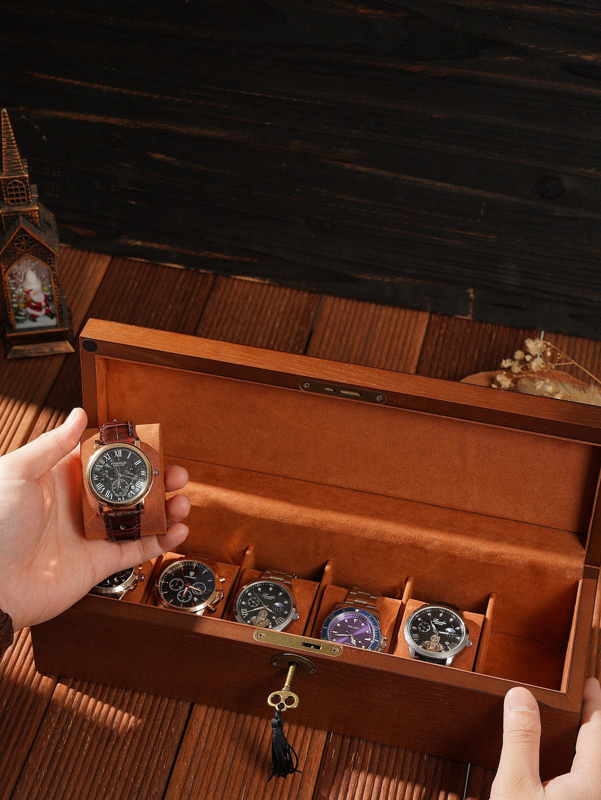 Personalized 6 Slot Wooden Watch Box, Box with Lock & Key, Engraved Gift for Watch Collector Men’s Organizer, Father's Day Gift