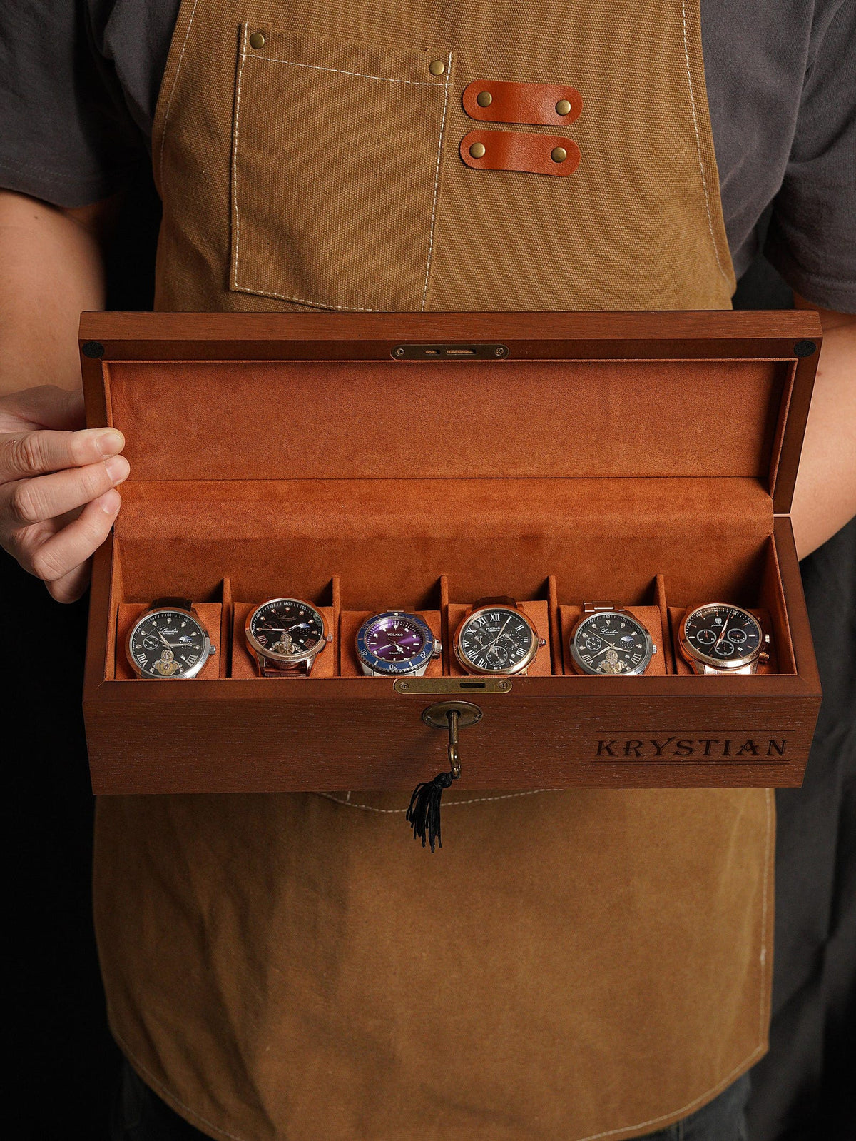 Personalized 6 Slot Wooden Watch Box, Box with Lock & Key, Engraved Gift for Watch Collector Men’s Organizer, Father's Day Gift