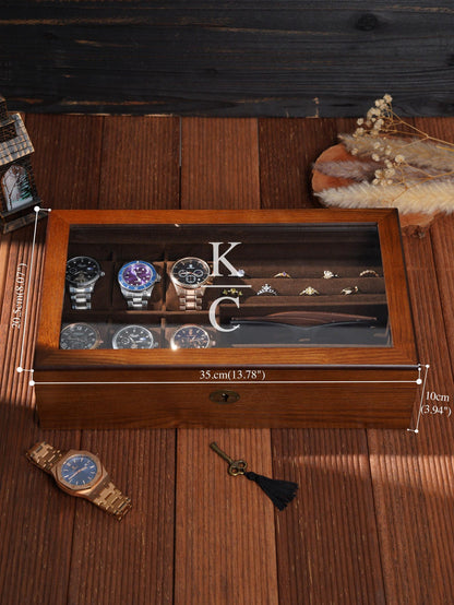 Custom Wooden Watch Box for Men, Engraved Rustic Glass Lid Case for 6 Watches, Personalized Gift for Men Dad Husband Father's Day Gift