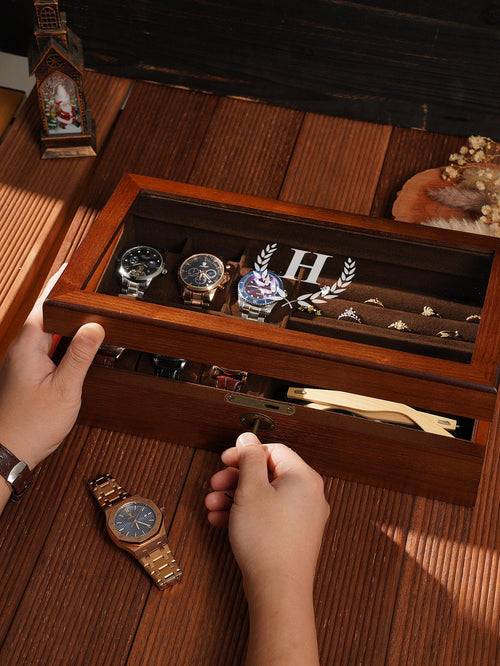 Custom Wooden Watch Box for Men, Engraved Rustic Glass Lid Case for 6 Watches, Personalized Gift for Men Dad Husband Father's Day Gift