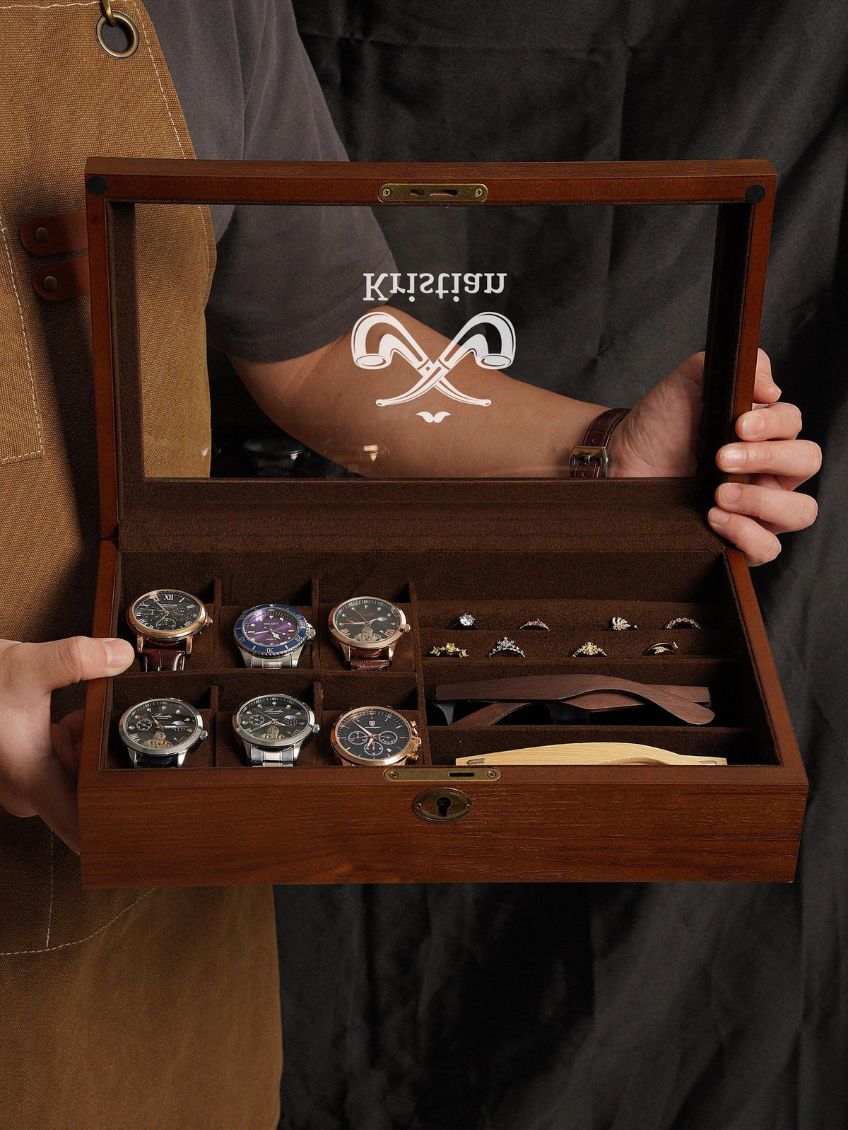 Custom Wooden Watch Box for Men, Engraved Rustic Glass Lid Case for 6 Watches, Personalized Gift for Men Dad Husband Father's Day Gift