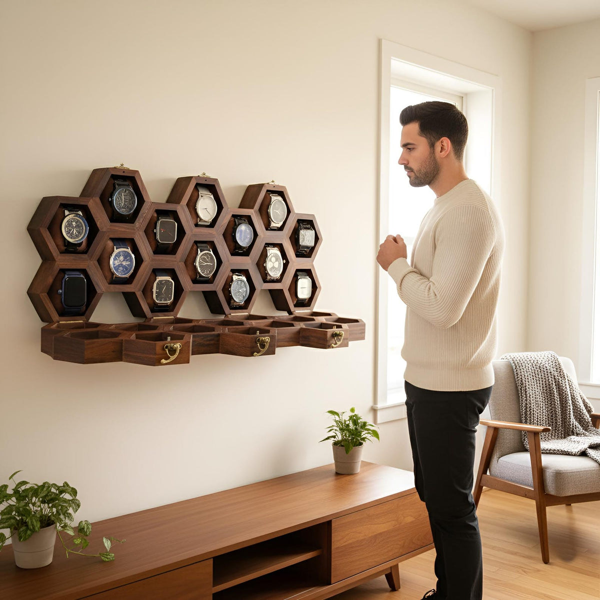 Wall Mounted Wooden Watch Box for Men and Women, Jewelry Case, Storage Box, Watch Organizer, Anniversary & Birthday Gift - Rosewood Crafted