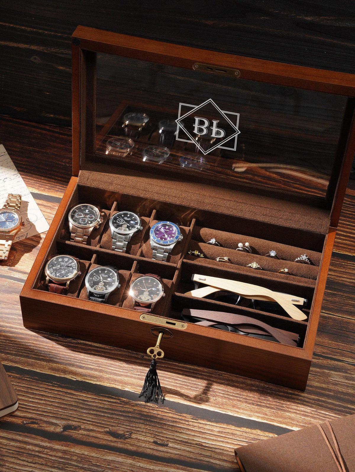 Personalized Wooden Watch Box with Glass Lid – Engraved Monogram Display Case, Luxury Organizer for Watches & Jewelry, Valentine's Day gift