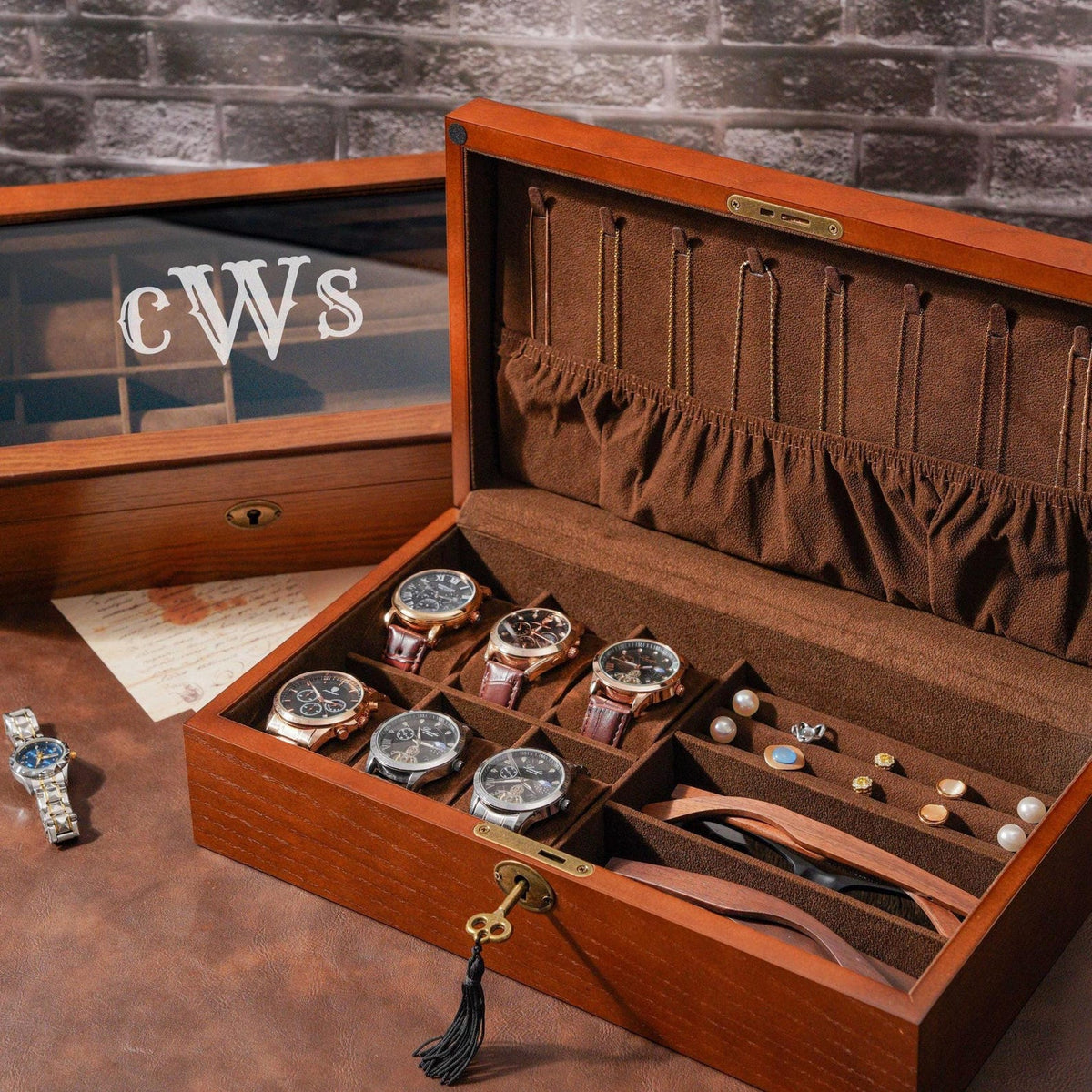 Personalized Sunglasses Watch Box, Customized Watch Storage Box, Large Jewelry Box with Lock, Birthday Gift for Him, Groomsman Gift