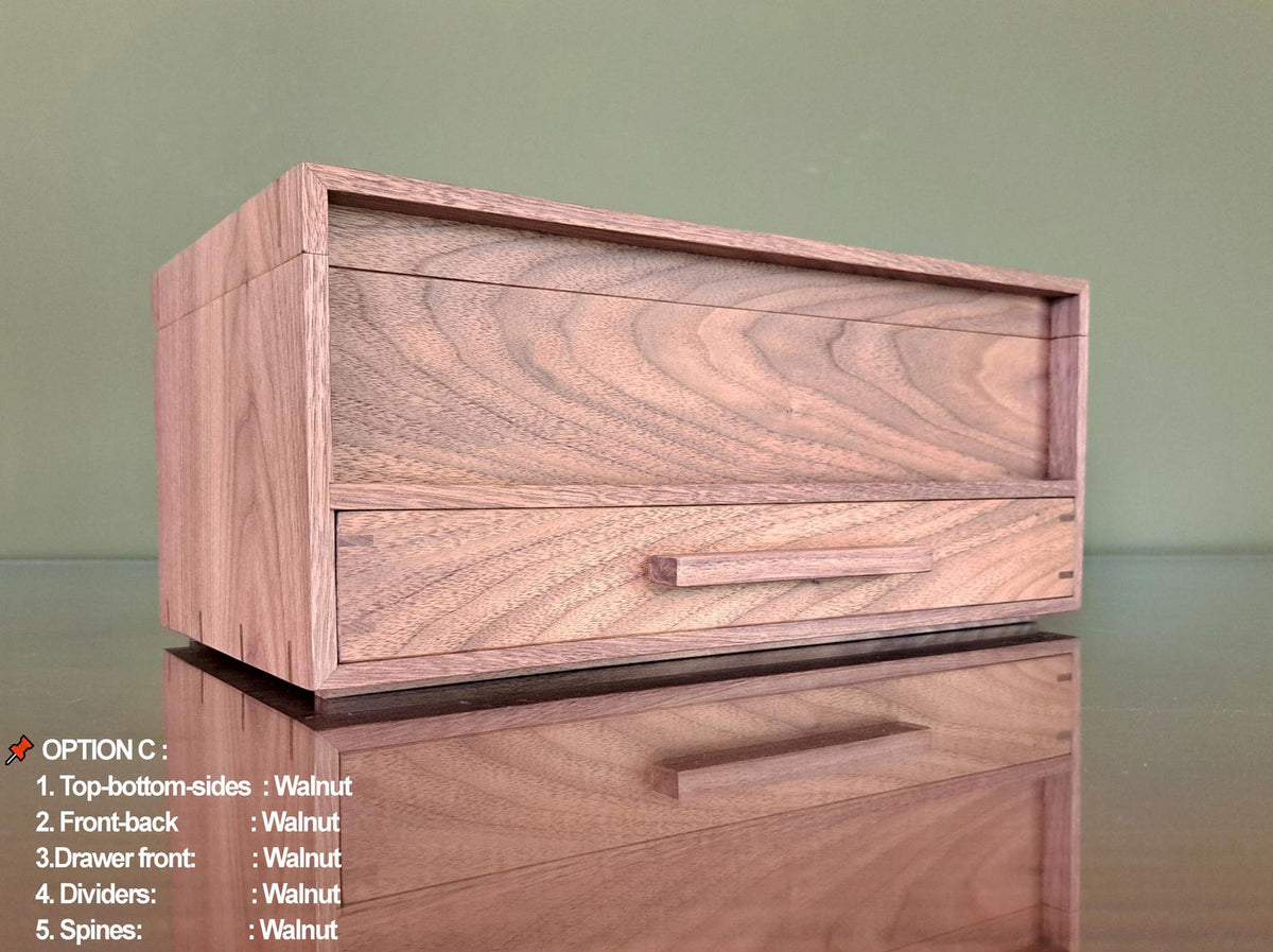 Watch Box with Drawer - Black Walnut Teak and Oak - 10 Watch Compartments - Personalized Gift