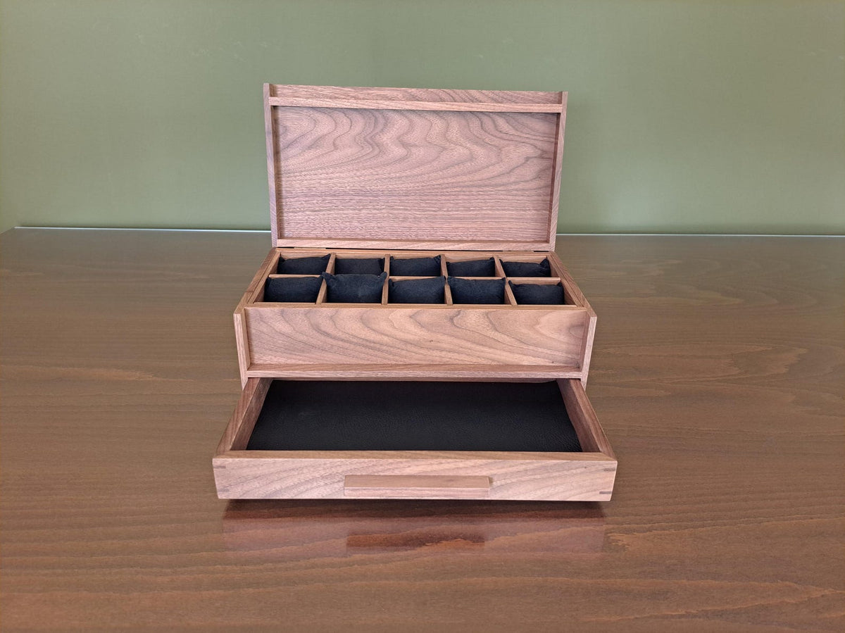 Watch Box with Drawer - Black Walnut Teak and Oak - 10 Watch Compartments - Personalized Gift