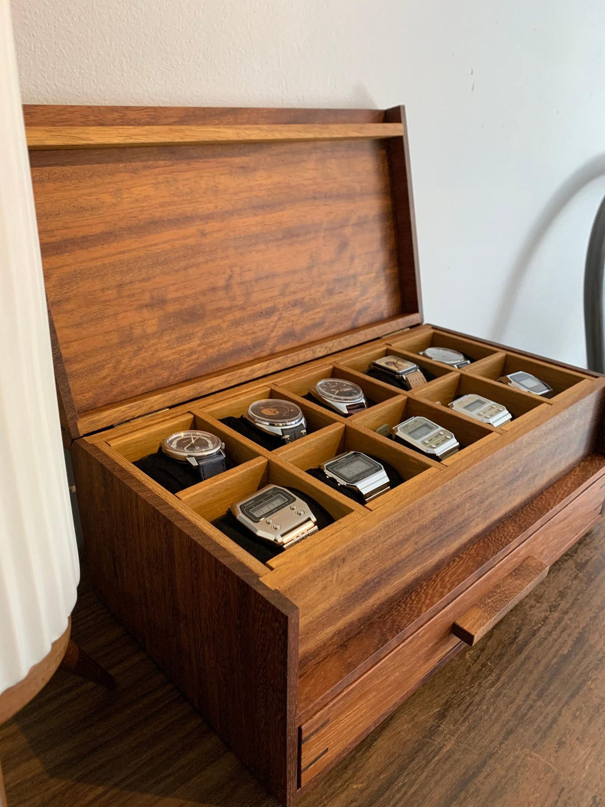 Watch Box with Drawer - Black Walnut Teak and Oak - 10 Watch Compartments - Personalized Gift
