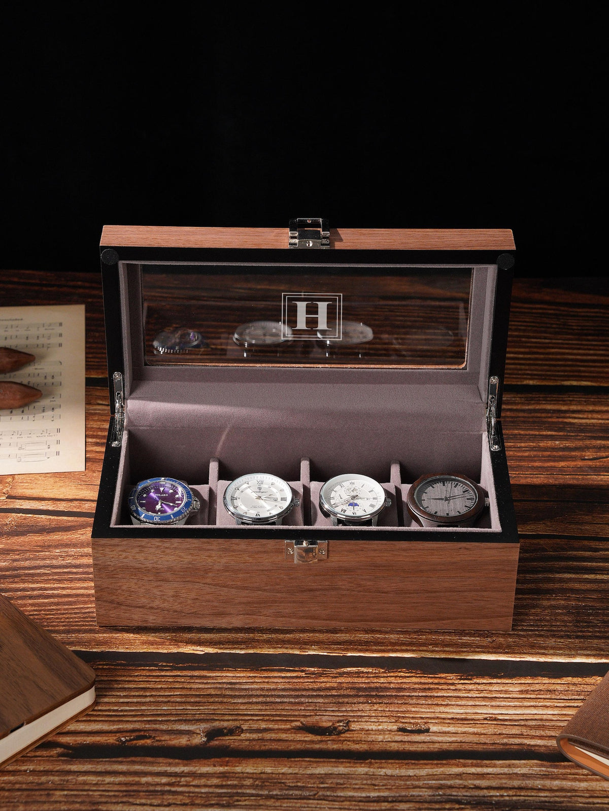 Personalized Wooden Watch Box for Men, Glass Lid Watch Display Case with Custom Initials, Luxury Watch Organizer Gift