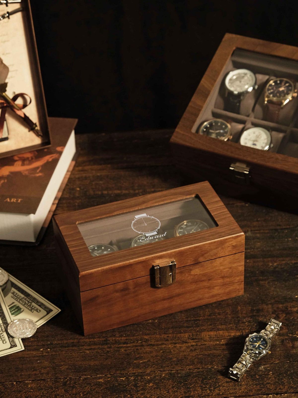 Personalized Walnut Wood Watch Box Engraved Glass Watch Case Graduation Gift for Him Gift for Boyfriend Husband Son or Graduate