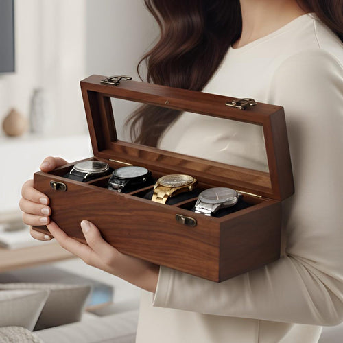 Personalised 4 Slots Wooden Watch Box for Men & Women, Timepiece Display Case, Jewelry Storage Organizer, Gift for Husband, Wedding Gift