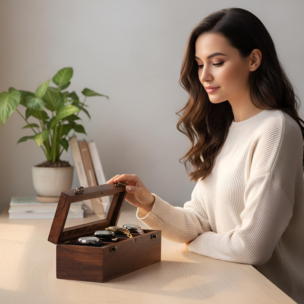 Personalised 4 Slots Wooden Watch Box for Men & Women, Timepiece Display Case, Jewelry Storage Organizer, Gift for Husband, Wedding Gift