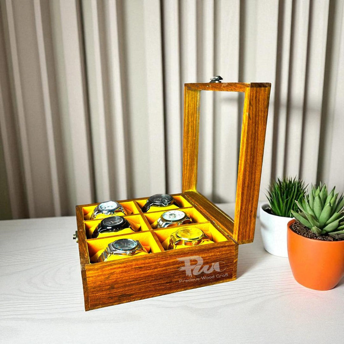 Handmade Wooden Watch Box | 6-Slot Yellow Velvet Display Case
