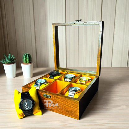 Handmade Wooden Watch Box | 6-Slot Yellow Velvet Display Case