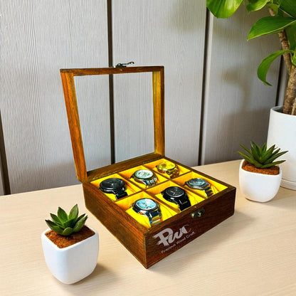 Handmade Wooden Watch Box | 6-Slot Yellow Velvet Display Case