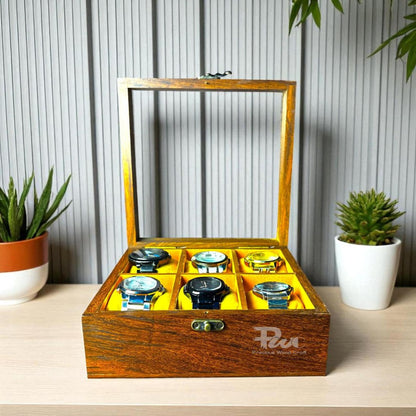 Handmade Wooden Watch Box | 6-Slot Yellow Velvet Display Case
