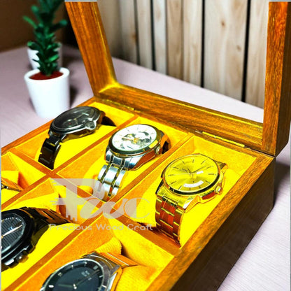 Handmade Wooden Watch Box | 6-Slot Yellow Velvet Display Case