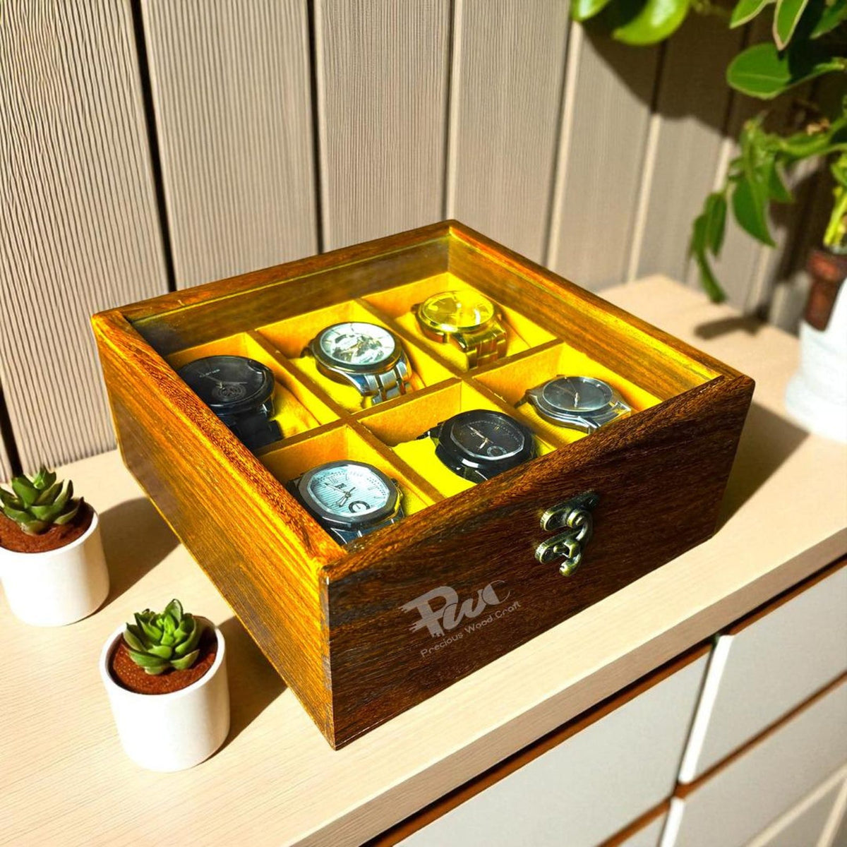 Handmade Wooden Watch Box | 6-Slot Yellow Velvet Display Case