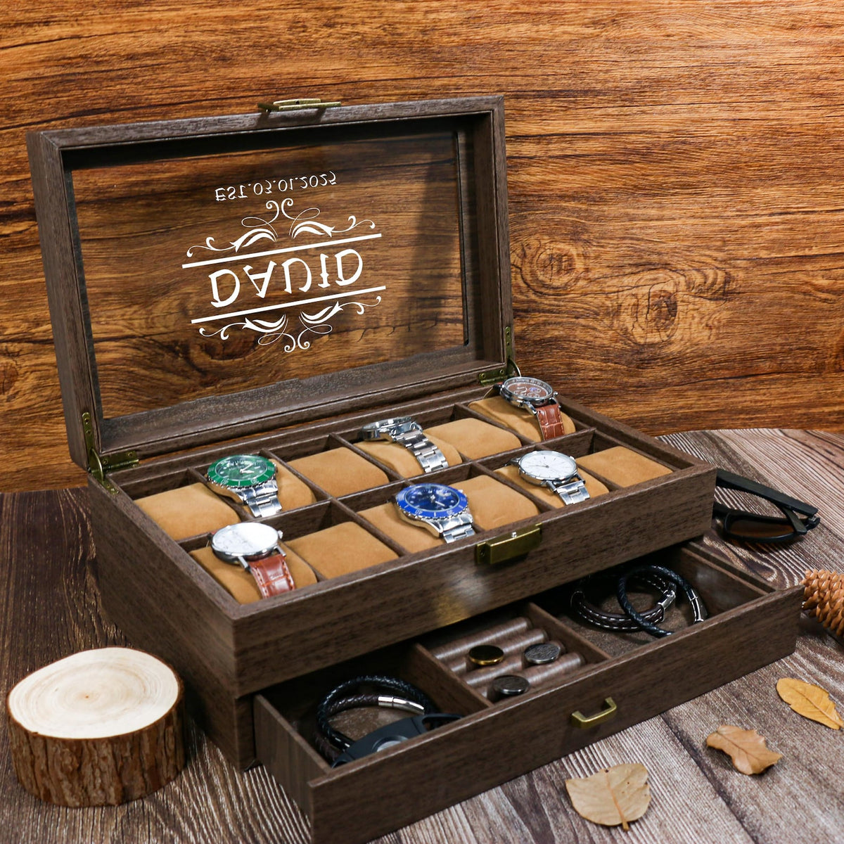 Personalized Wood Watch Box | Custom Engraved 3-6-12 Slot Watch Case | Watch Display Holder Gift for Dad Husband Birthday