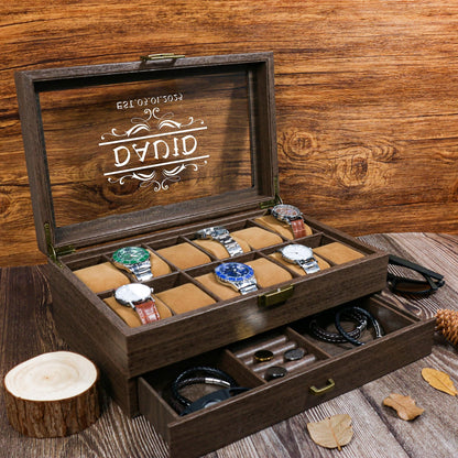 Personalized Wood Watch Box | Custom Engraved 3-6-12 Slot Watch Case | Watch Display Holder Gift for Dad Husband Birthday