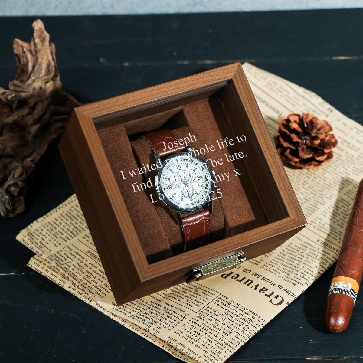 Watch Box w/ Glass Top & Pillow - Custom Wood Box, Wedding Day Gift Father of the Bride Groom Husband from Bride,Groomsman Gift,Mens Gift