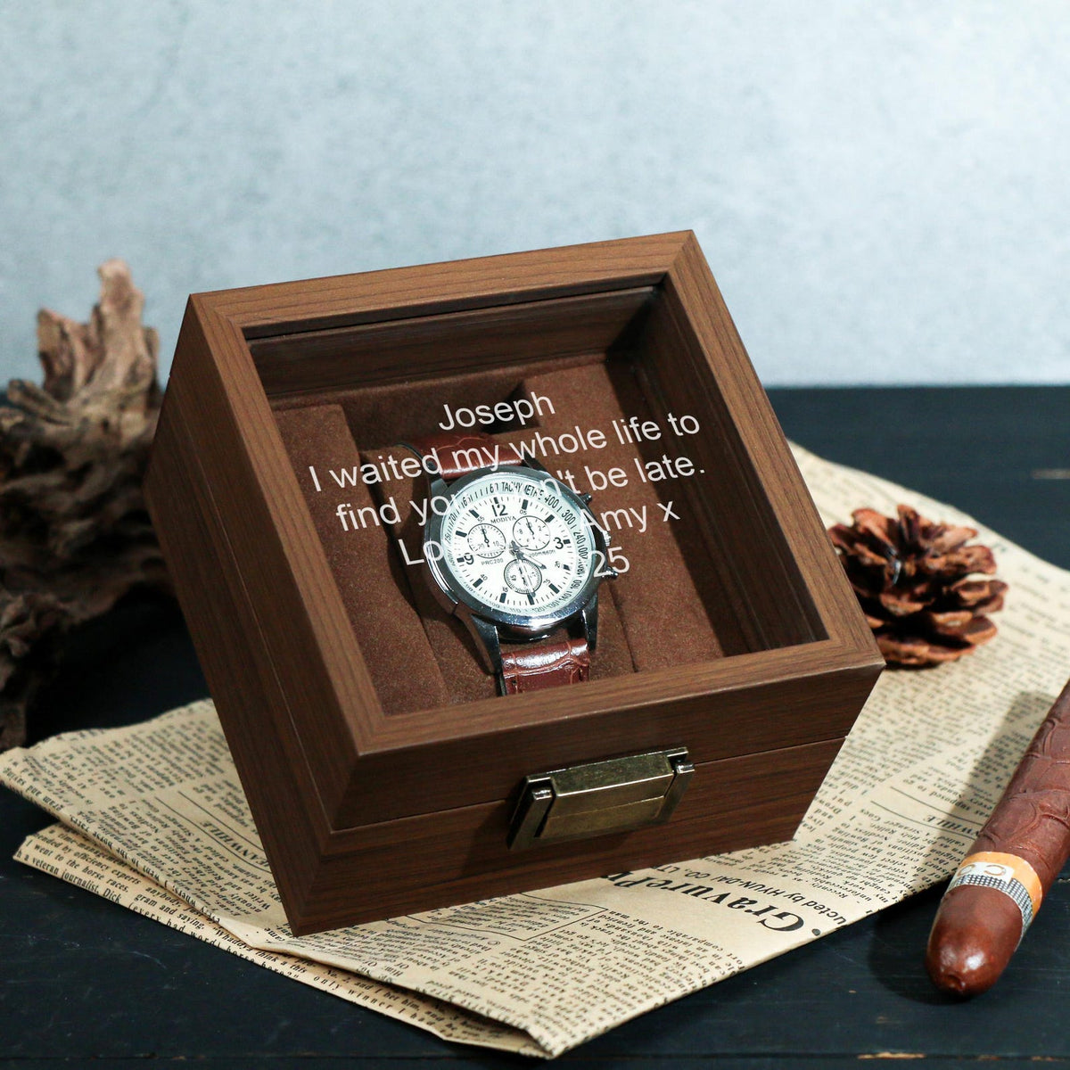 Watch Box w/ Glass Top & Pillow - Custom Wood Box, Wedding Day Gift Father of the Bride Groom Husband from Bride,Groomsman Gift,Mens Gift