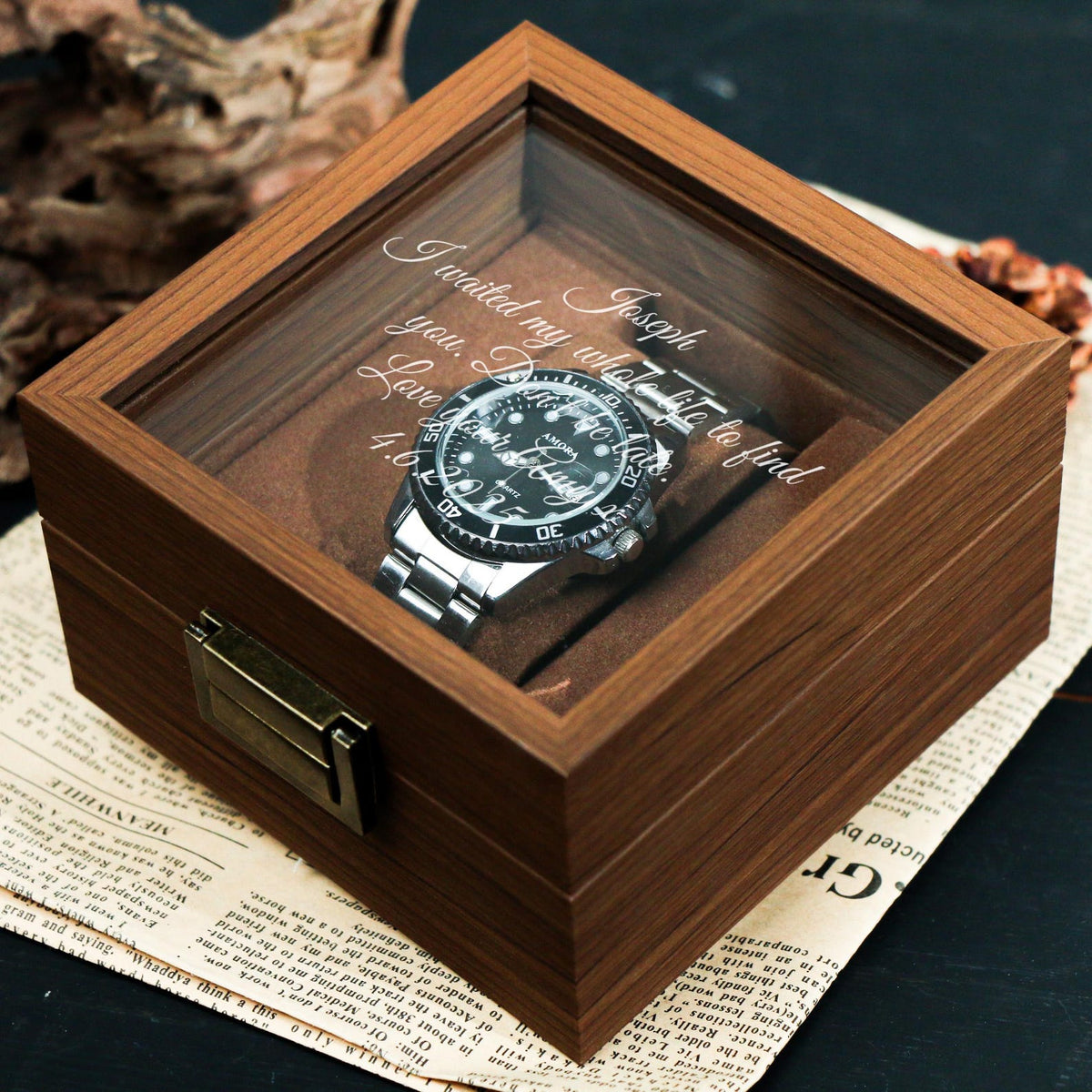 Watch Box w/ Glass Top & Pillow - Custom Wood Box, Wedding Day Gift Father of the Bride Groom Husband from Bride,Groomsman Gift,Mens Gift