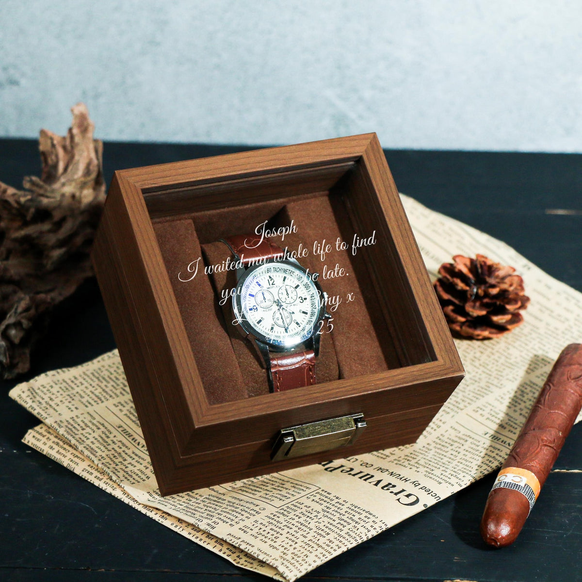 Watch Box w/ Glass Top & Pillow - Custom Wood Box, Wedding Day Gift Father of the Bride Groom Husband from Bride,Groomsman Gift,Mens Gift
