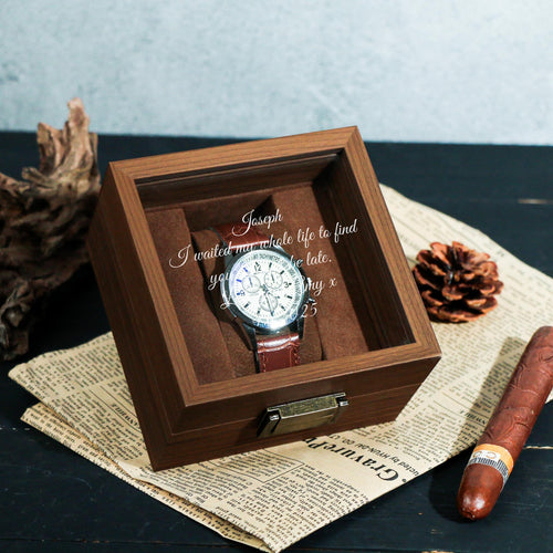 Watch Box w/ Glass Top & Pillow - Custom Wood Box, Wedding Day Gift Father of the Bride Groom Husband from Bride,Groomsman Gift,Mens Gift