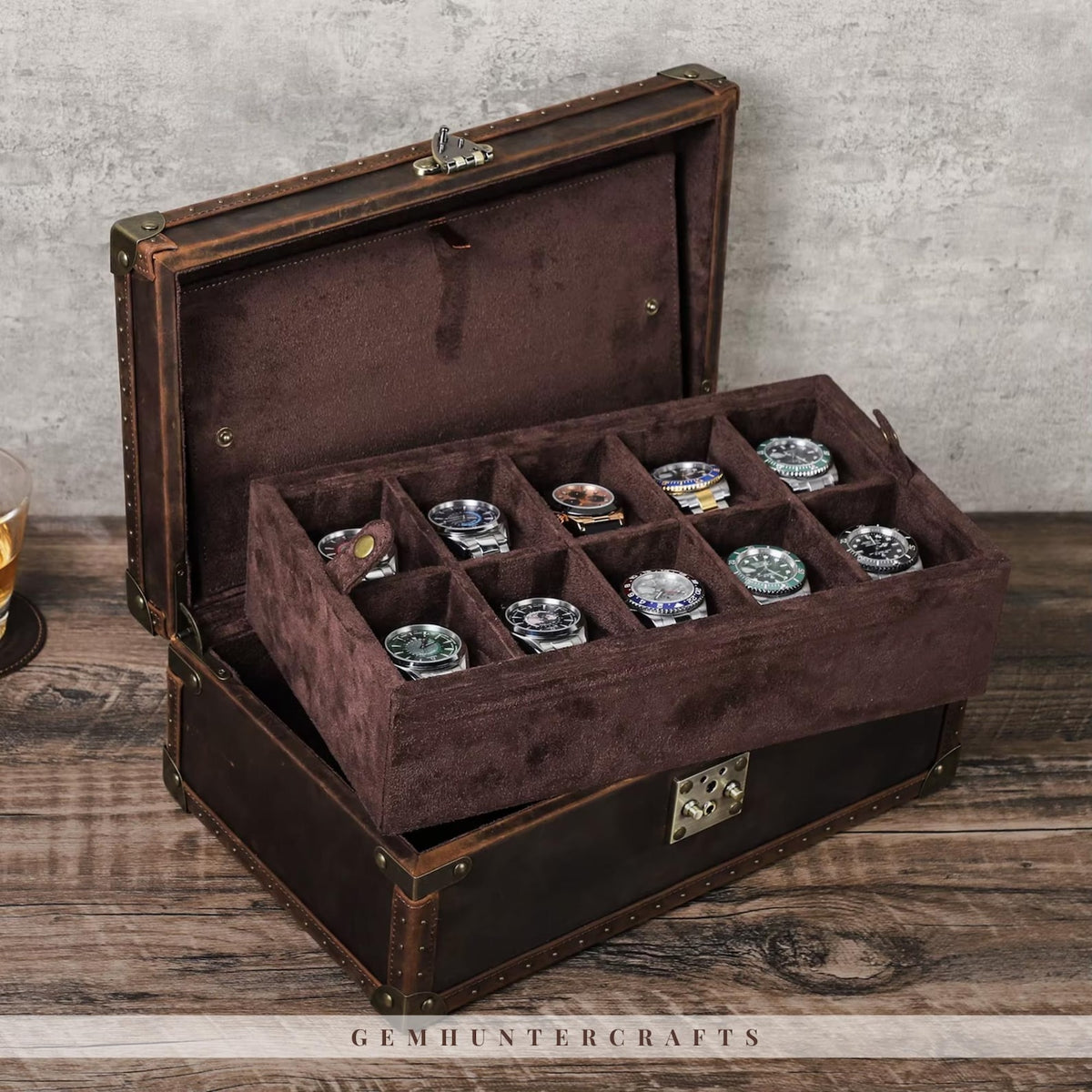 Handmade Leather 10-Slot Watch Box – Full Grain Travel Organizer