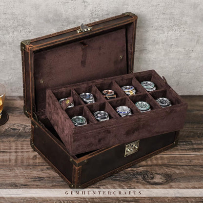 Handmade Leather 10-Slot Watch Box – Full Grain Travel Organizer