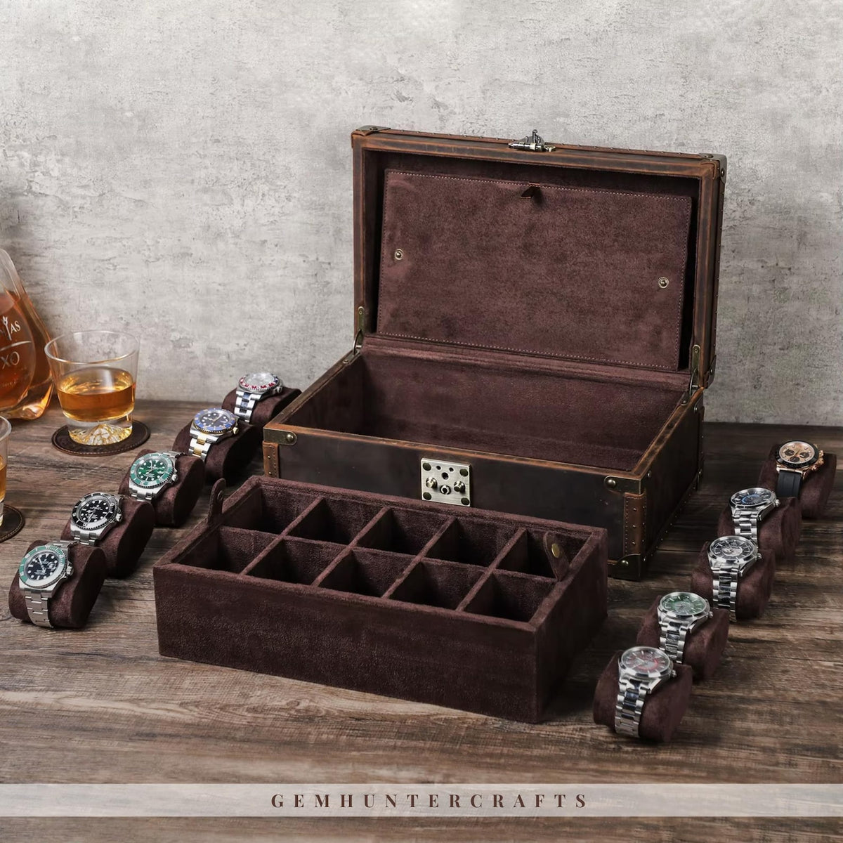Handmade Leather 10-Slot Watch Box – Full Grain Travel Organizer