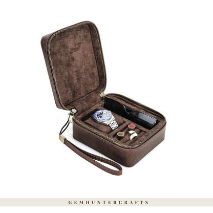 Leather Watch Travel Case – Handmade Jewelry Organizer, Sunglasses Storage