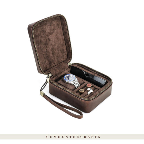 Leather Watch Travel Case – Handmade Jewelry Organizer, Sunglasses Storage